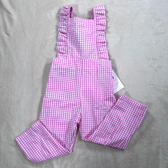 Smiling Button Kids 4 Flutterall Romper Pink White Gingham Seersucker Ruffle New - Picture 2 of 9